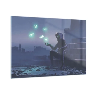 Obraz na szkle - Postać w ciemności otoczona unoszącymi się zielonymi ptakami - 100x70cm - Życie powróci - Nowoczesna dekoracja ścienna do salonu, kuchni i sypialni ARTTOR