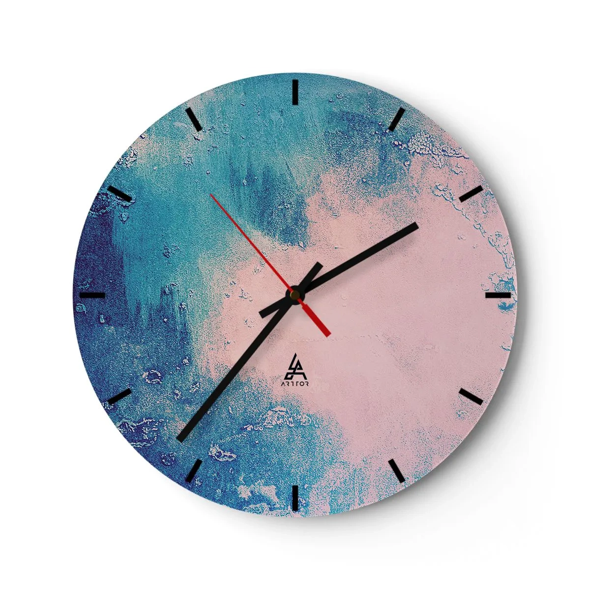 Zegar ścienny - Abstrakcyjna kompozycja w odcieniach błękitu i różu - 30x30cm - Błękitne objęcia - Nowoczesna dekoracja ścienna do salonu, kuchni i sypialni ARTTOR