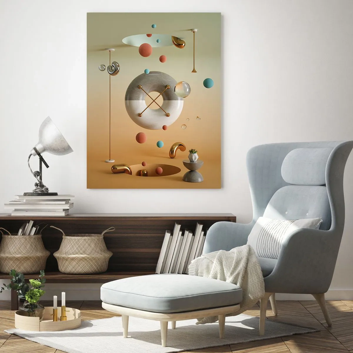 Obraz na szkle - Geometryczne figury w pastelowych barwach w abstrakcyjnej przestrzeni - 50x70cm - Wszystko się zdarzyć może - Nowoczesna dekoracja ścienna do salonu, kuchni i sypialni ARTTOR