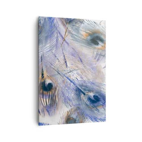 Obraz na płótnie - Wzór z piórami pawia w odcieniach błękitu i złota - 70x100cm - Pawiooka kompozycja - Nowoczesna dekoracja ścienna do salonu i sypialni ARTTOR