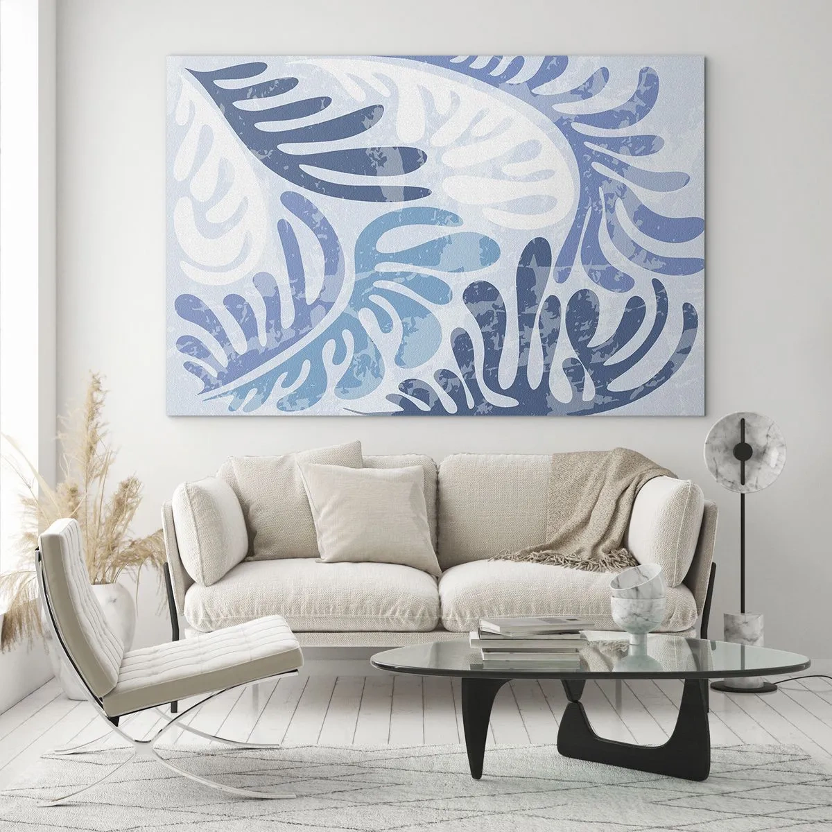 Obraz na szkle - Dekoracyjne liście paproci w odcieniach błękitu na jasnym tle - 70x50cm - Błękitne paprocie - Nowoczesna dekoracja ścienna do salonu i sypialni ARTTOR