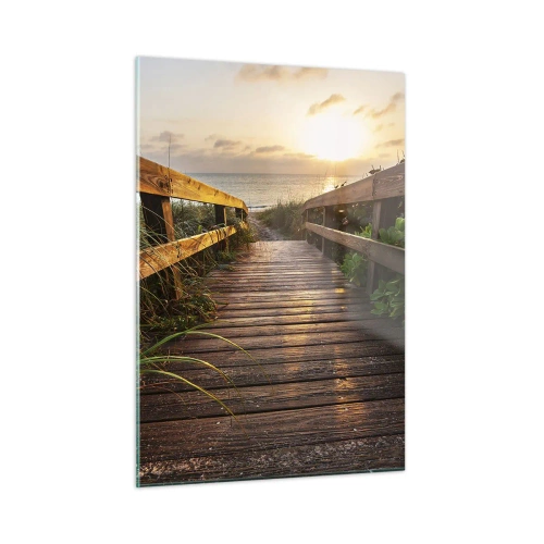 Obraz na szkle - Drewniana kładka prowadząca na plażę o zachodzie słońca - 50x70cm - I wprost nad brzeg - Nowoczesna dekoracja ścienna do salonu, kuchni i sypialni ARTTOR