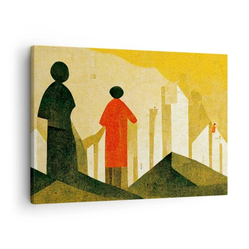 Obraz na płótnie - Geometryczne sylwetki w kolorze czerwieni i zieleni na żółtym tle - 70x50cm - Jeszcze daleka droga - Nowoczesna dekoracja ścienna do salonu i sypialni ARTTOR