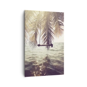 Obraz na płótnie - Palma z huśtawką nad wodą w świetle słońca - 80x120cm - Można bujać w obłokach do woli - Nowoczesna dekoracja ścienna do salonu i sypialni ARTTOR