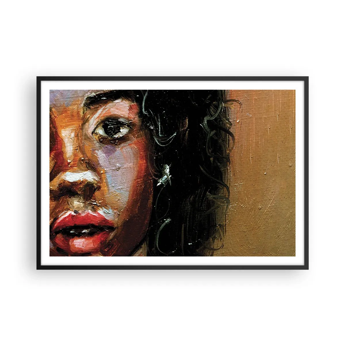 Plakat w czarnej ramie - Ekspresyjny portret kobiety w intensywnych barwach - 100x70cm - Czerń i blask - Nowoczesna dekoracja ścienna do salonu i sypialni ARTTOR