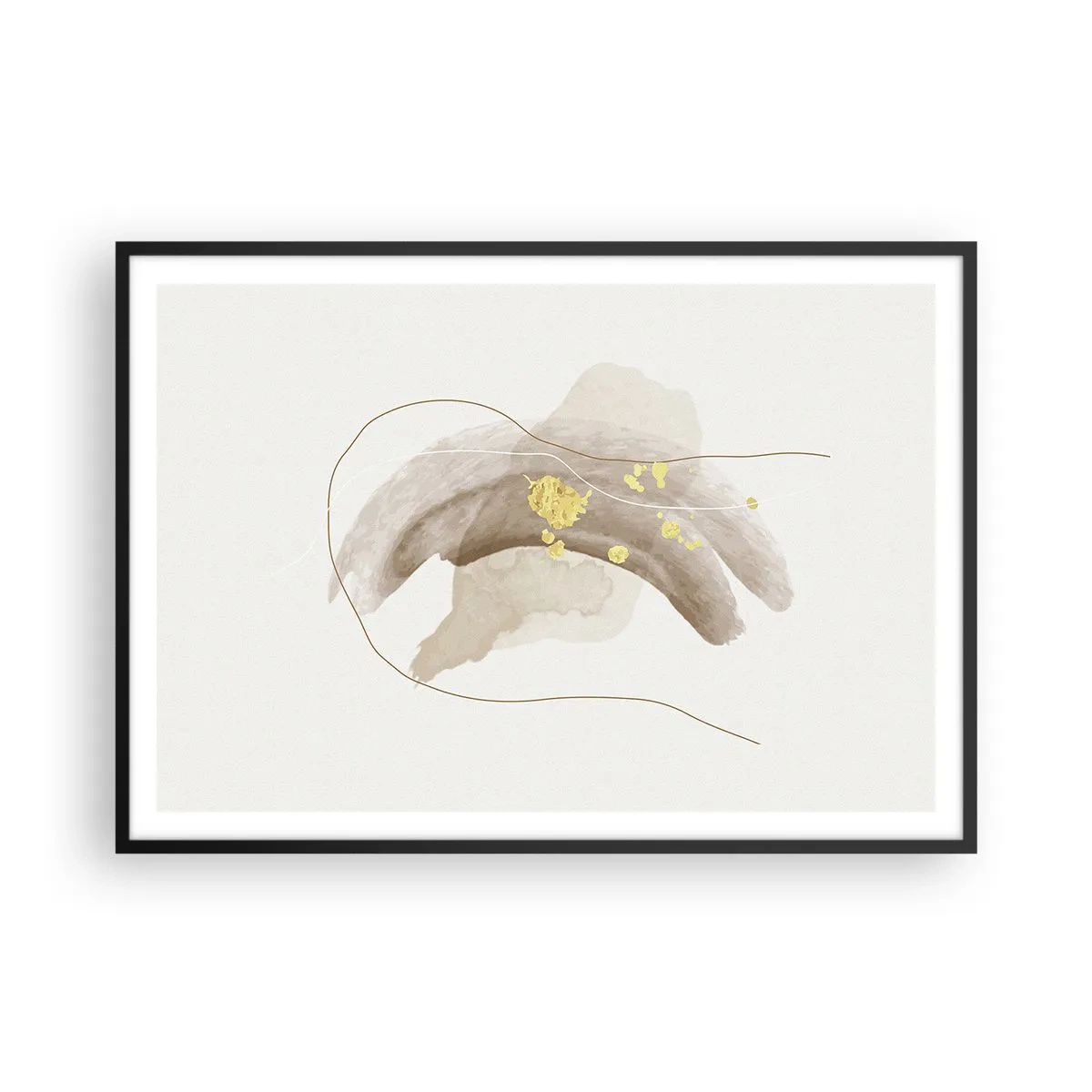 Plakat w czarnej ramie - Abstrakcyjna kompozycja w odcieniach beżu i złota - 100x70cm - Napotkane w przestrzeni - Nowoczesna dekoracja ścienna do salonu i sypialni ARTTOR