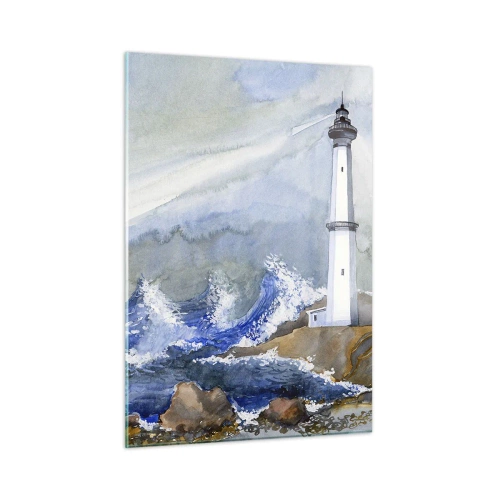 Obraz na szkle - Latarnia morska przy wzburzonym morzu w akwarelowym stylu - 50x70cm - Przeciwko ciemności i nawałnicy - Nowoczesna dekoracja ścienna do salonu, kuchni i sypialni ARTTOR