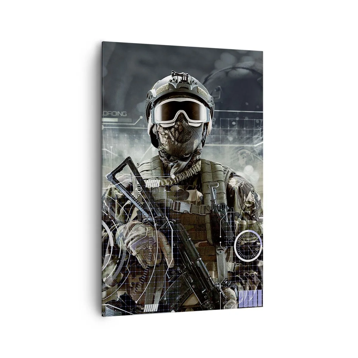 Obraz na płótnie - Żołnierz w futurystycznym hełmie z bronią w tle technologii - 80x120cm - Moc do potęgi - Nowoczesna dekoracja ścienna do salonu i sypialni ARTTOR