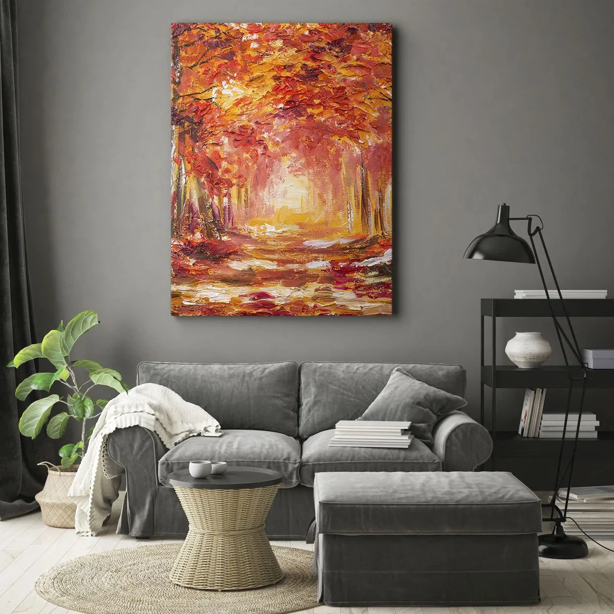 Obraz na płótnie - Jesienny las w ciepłych odcieniach czerwieni, pomarańczu i złota - 50x70cm - Miedziany las - Nowoczesna dekoracja ścienna do salonu, kuchni i sypialni ARTTOR