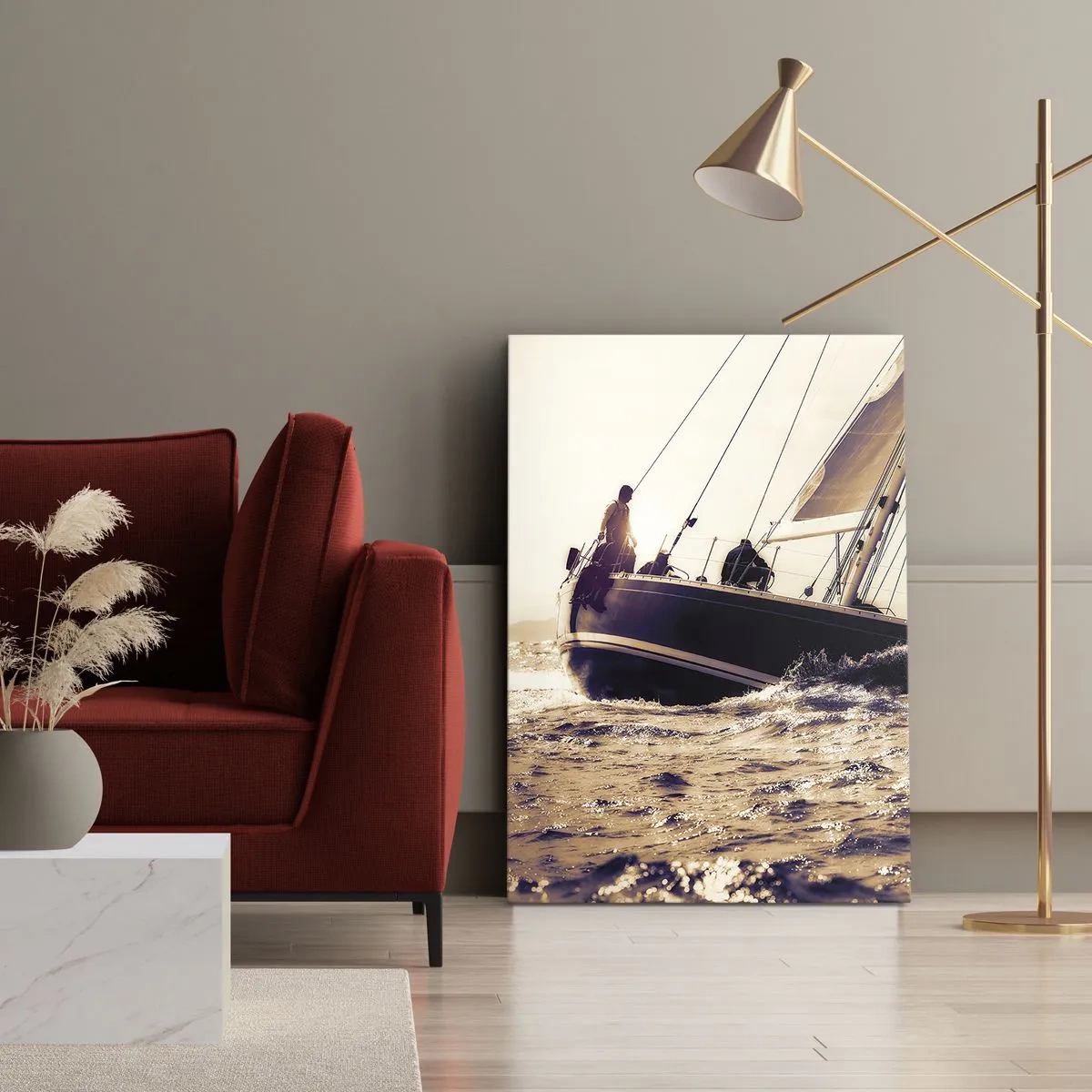 Obraz na płótnie - Żaglówka na wzburzonym morzu w świetle słońca - 50x70cm - Żeglujże, żeglarzu - Nowoczesna dekoracja ścienna do salonu, kuchni i sypialni ARTTOR