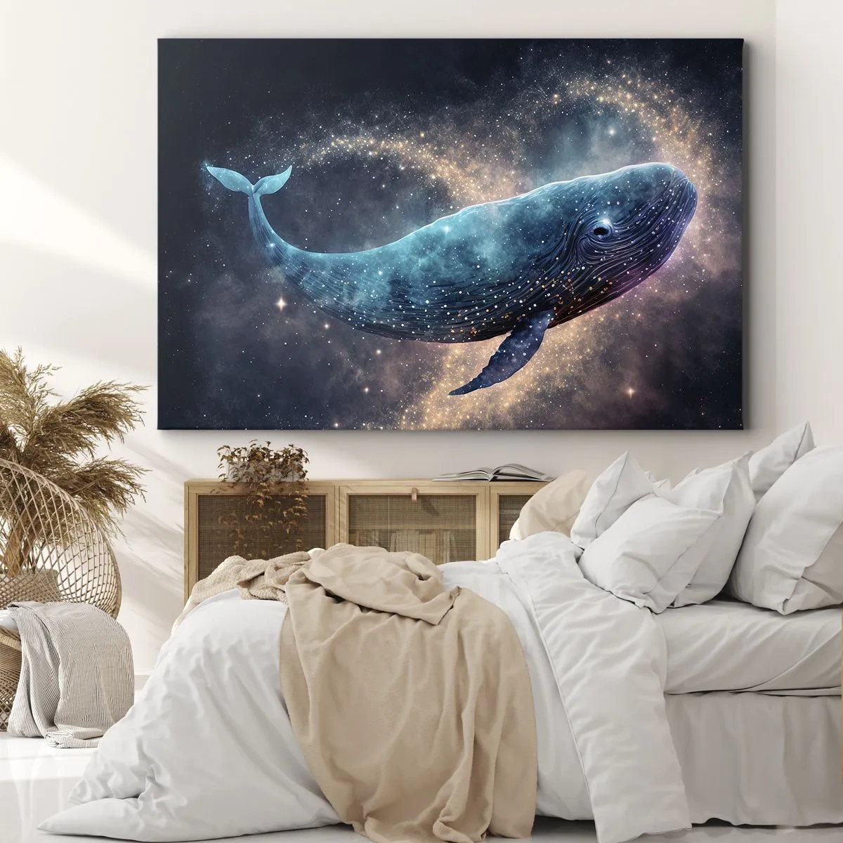 Obraz na płótnie - Kosmiczny wieloryb na tle galaktyki - 70x50cm - Jest taki świat… - Nowoczesna dekoracja ścienna do salonu i sypialni ARTTOR