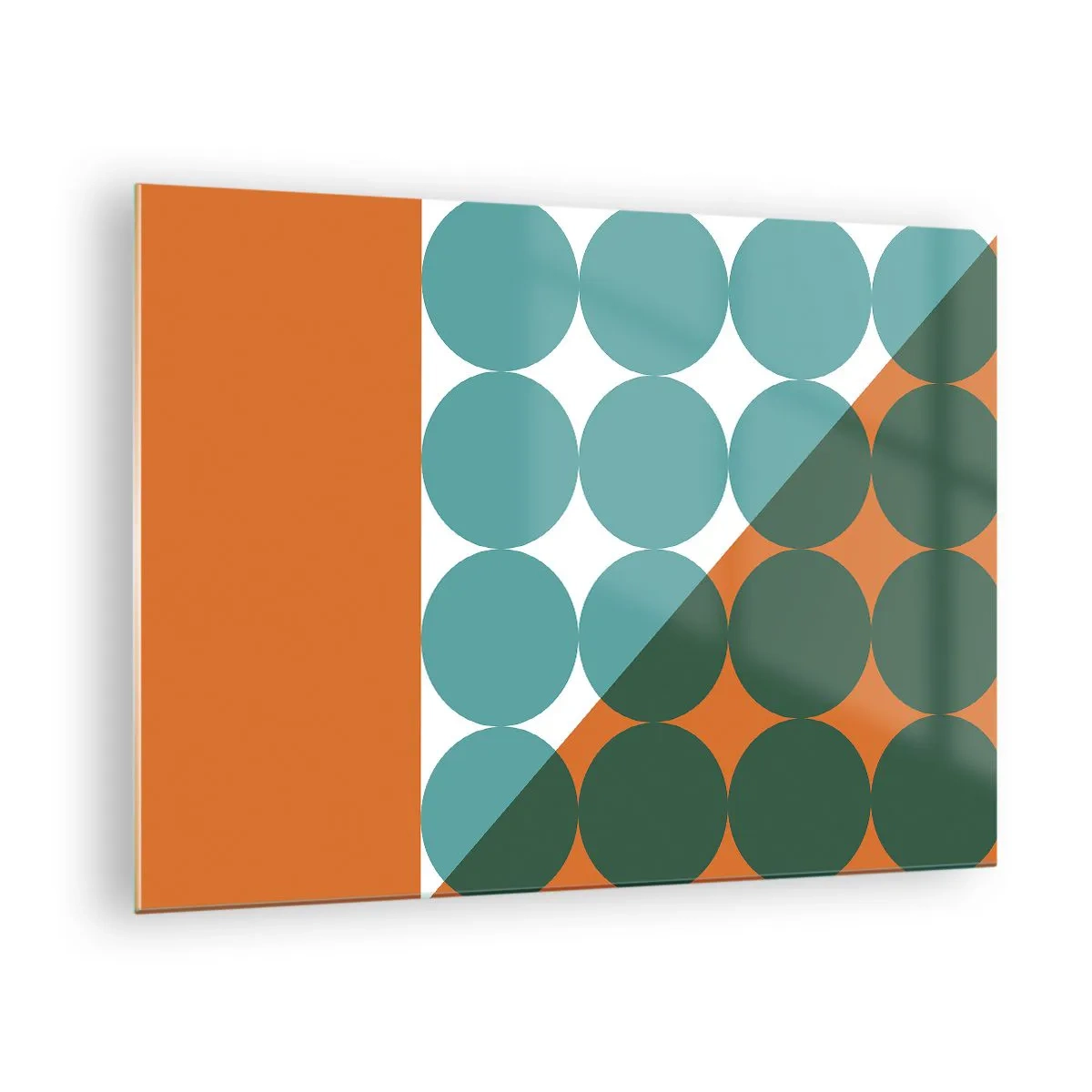Obraz na szkle - Abstrakcyjna kompozycja geometryczna z okręgami i trójkątem - 70x50cm - W górę i na skos - Nowoczesna dekoracja ścienna do salonu i sypialni ARTTOR