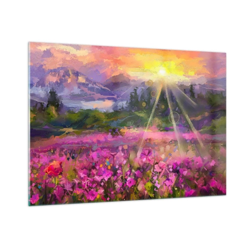 Obraz na szkle - Malownicza dolina pełna kwiatów oświetlona promieniami słońca - 100x70cm - W dolinie pod opieką słońca - Nowoczesna dekoracja ścienna do salonu, kuchni i sypialni ARTTOR