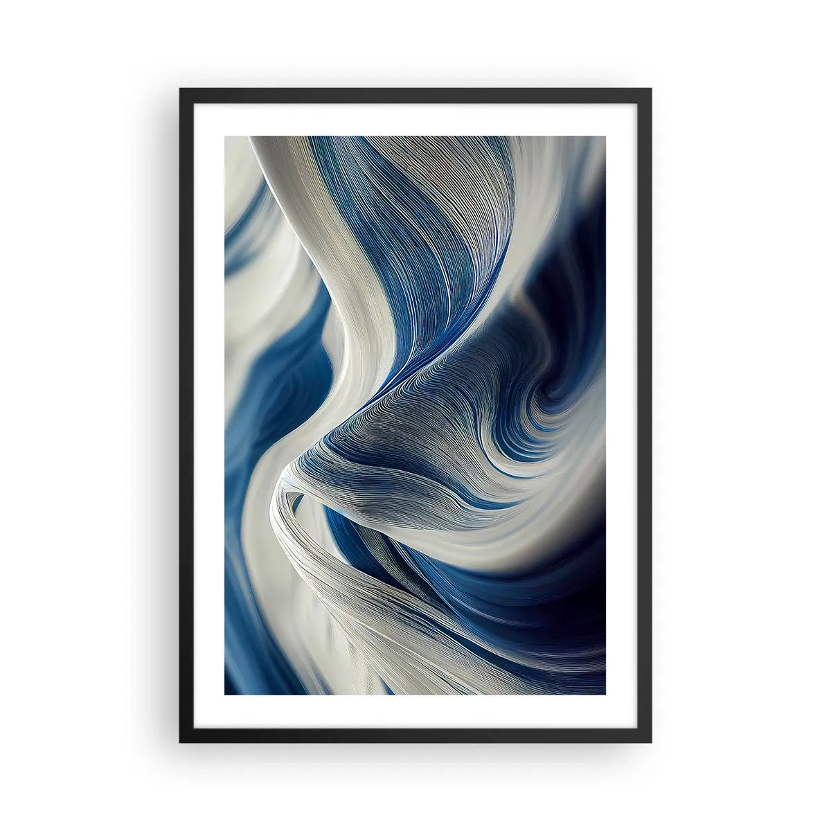 Plakat w czarnej ramie - Abstrakcyjne fale w odcieniach granatu i bieli - 50x70cm - Płynność błękitu i bieli - Nowoczesna dekoracja ścienna do salonu i sypialni ARTTOR