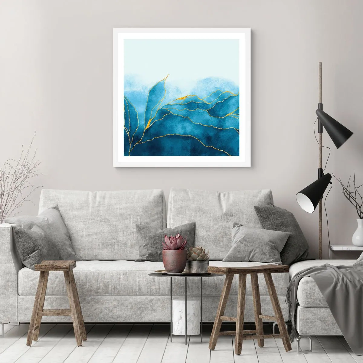 Plakat w białej ramie - Błękit w złocie - 30x30 cm