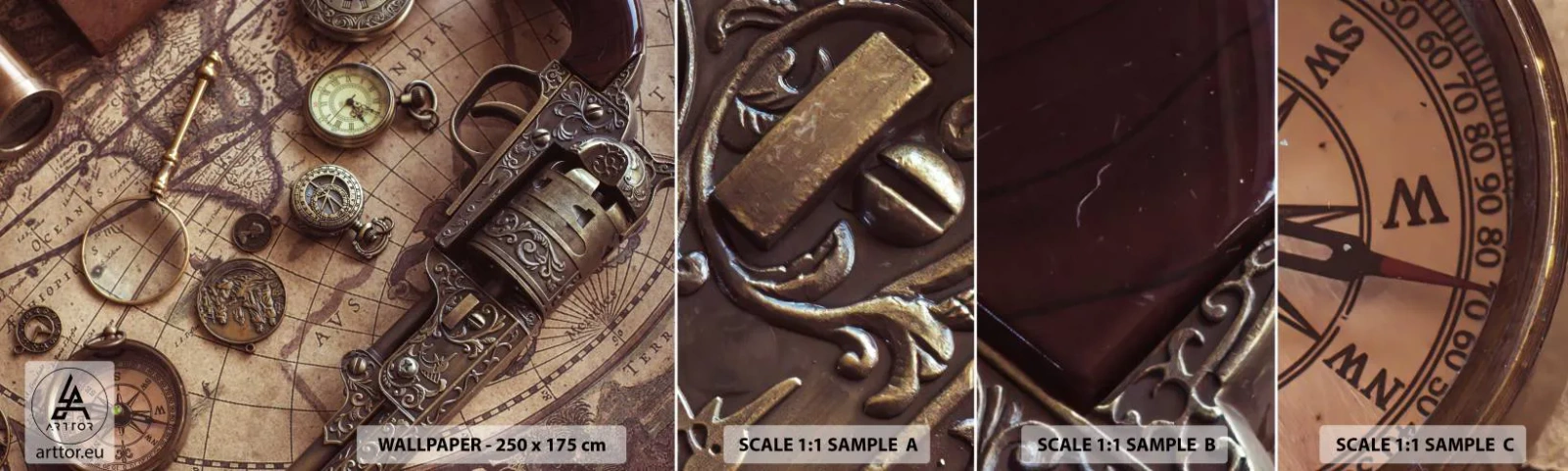 Fototapeta Próbka Samoprzylepna Deluxe Sticker - Przygoda wzywa - Mapa Świata, Kompas, Rewolwer - 100x30 cm