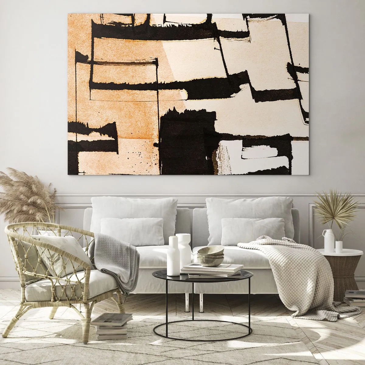 Obraz na szkle - Geometryczna abstrakcja w odcieniach beżu i czerni - 70x50cm - Jednak porządek - Nowoczesna dekoracja ścienna do salonu i sypialni ARTTOR