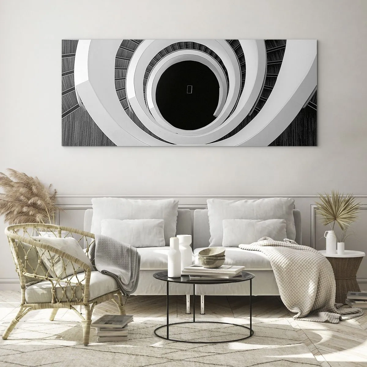 Obraz na szkle - Czarno-biała spirala schodów w nowoczesnym stylu - 160x50cm - Do istoty rzeczy - Nowoczesna dekoracja ścienna do salonu i sypialni ARTTOR