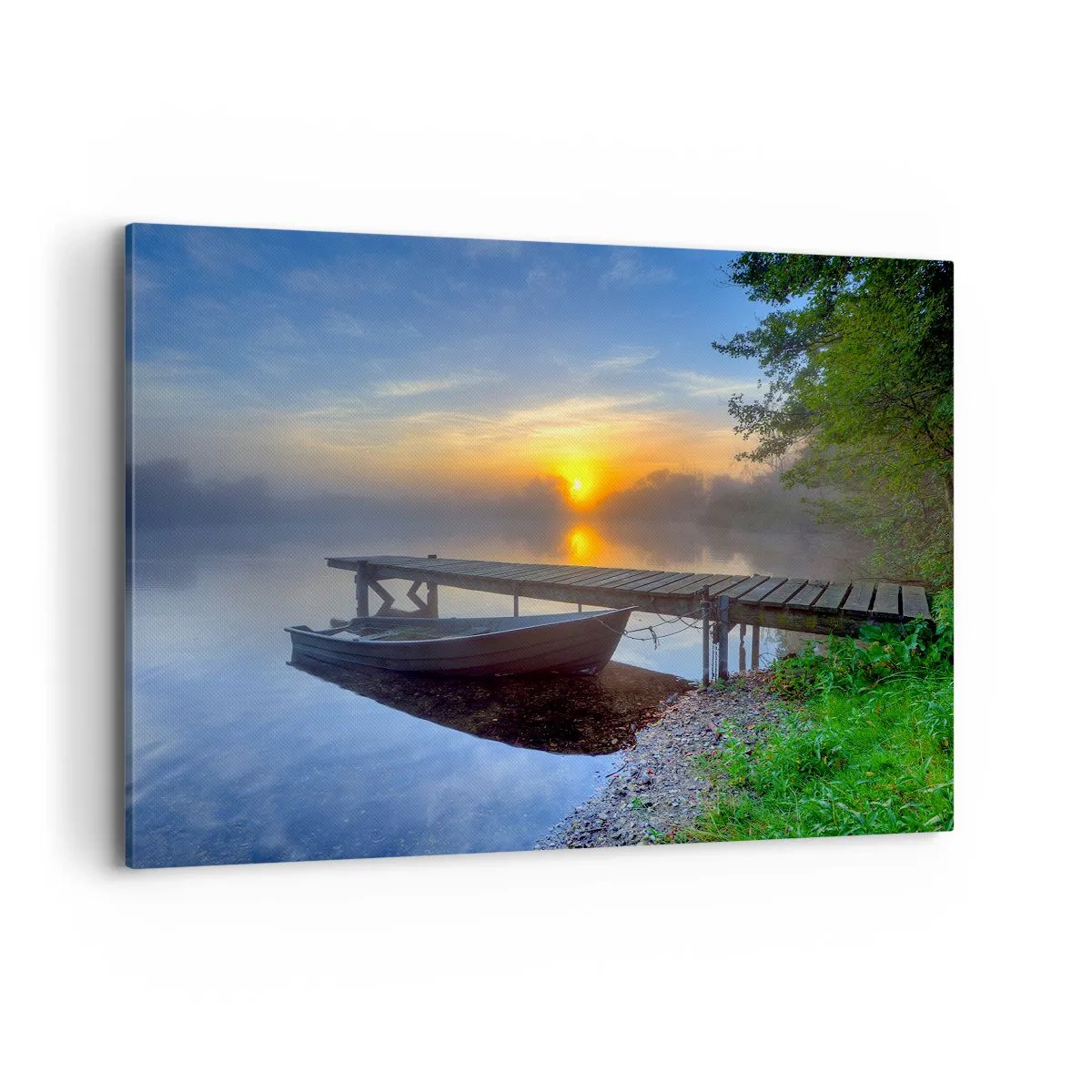 Obraz na płótnie - Pomost nad jeziorem o wschodzie słońca z łodzią przy brzegu - 100x70cm - Jak zwyczajne zamienia się w magiczne - Nowoczesna dekoracja ścienna do salonu, kuchni i sypialni ARTTOR