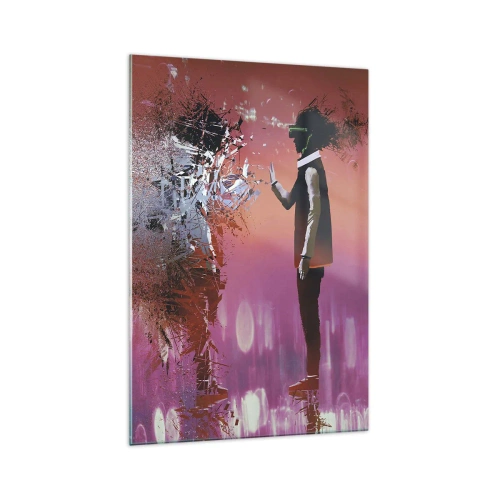 Obraz na szkle - Abstrakcyjna scena z futurystyczną postacią i rozpraszającymi się elementami - 70x100cm - Czy można wejrzeć w siebie? - Nowoczesna dekoracja ścienna do salonu i sypialni ARTTOR