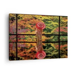 Obraz na płótnie - Kobieta w kimonie z parasolem na tle jesiennego krajobrazu - 70x50cm - W świątyni natury - Nowoczesna dekoracja ścienna do salonu i sypialni ARTTOR