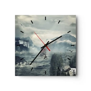 Zegar ścienny - Tajemniczy krajobraz z zamkiem, górami i statkiem - 30x30cm - Na magicznych wodach - Nowoczesna dekoracja ścienna do salonu i sypialni ARTTOR