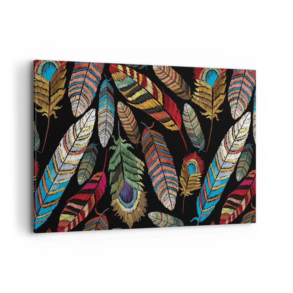 Obraz na płótnie - Kolorowe pióra na czarnym tle - 120x80cm - Ptasi karnawał - Nowoczesna dekoracja ścienna do salonu, kuchni i sypialni ARTTOR