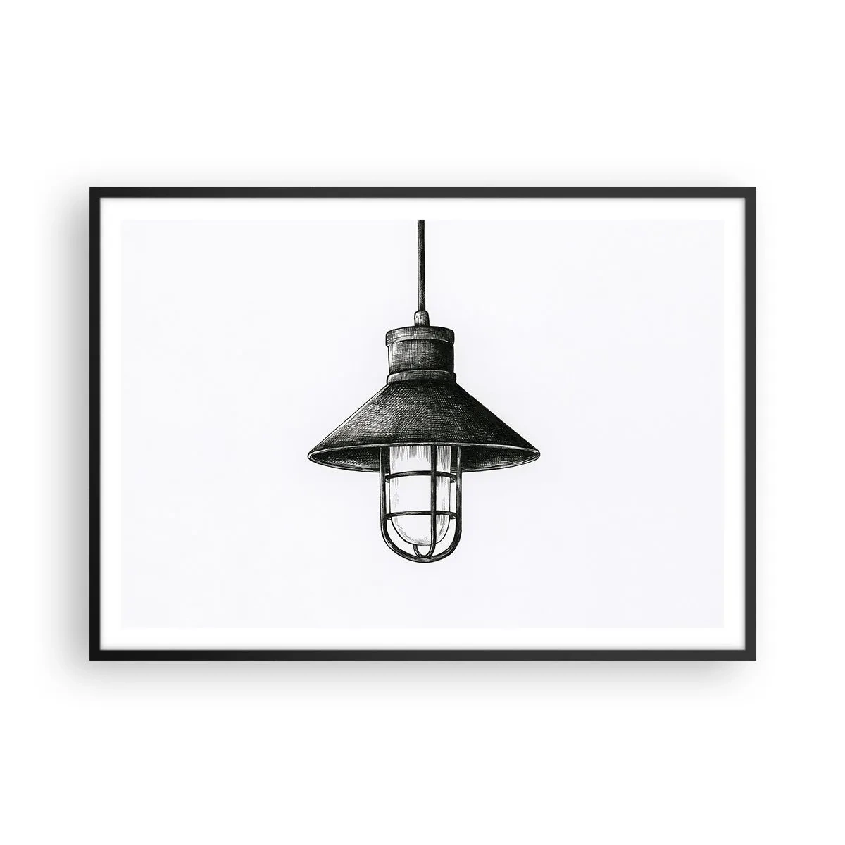 Plakat w czarnej ramie - Rysunek wiszącej lampy w stylu retro na białym tle - 100x70cm - Jak przed laty… - Nowoczesna dekoracja ścienna do salonu i sypialni ARTTOR