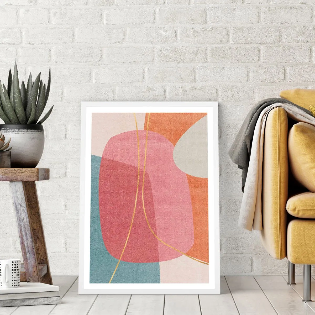 Plakat w białej ramie - Pastelowa kompozycja z nicią złota - 30x40 cm