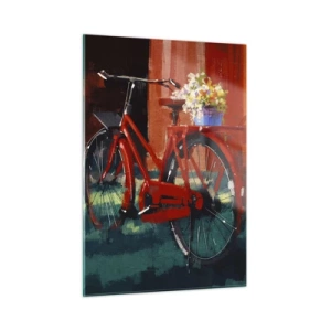 Obraz na szkle - Czerwony rower z kwiatami na tle czerwonego budynku - 50x70cm - I want to ride my bicycle - Nowoczesna dekoracja ścienna do salonu, kuchni i sypialni ARTTOR