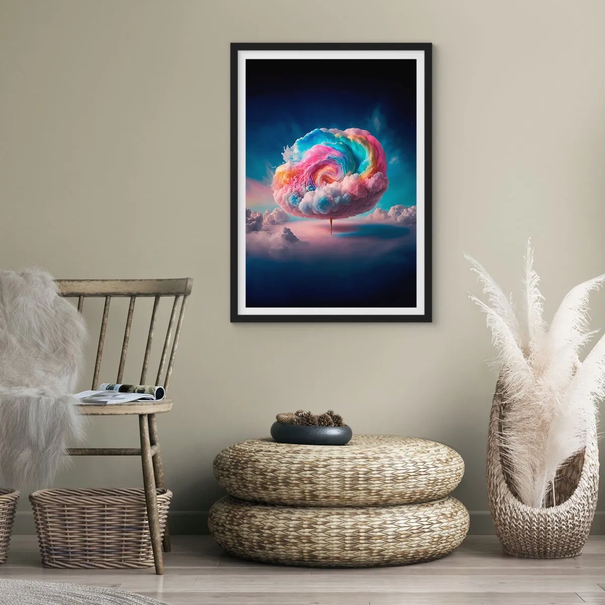 Plakat w czarnej ramie - Kolorowa, abstrakcyjna chmura wirująca w przestrzeni - 50x70cm - Sen o wesołym miasteczku - Nowoczesna dekoracja ścienna do salonu i sypialni ARTTOR