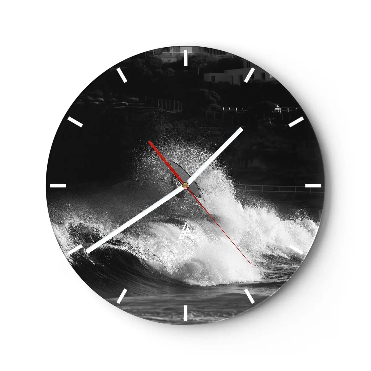 Zegar ścienny - Surfer na fali w czarno-białej kompozycji - 30x30cm - Wyzwanie przyjęte! - Nowoczesna dekoracja ścienna do salonu, kuchni i sypialni ARTTOR