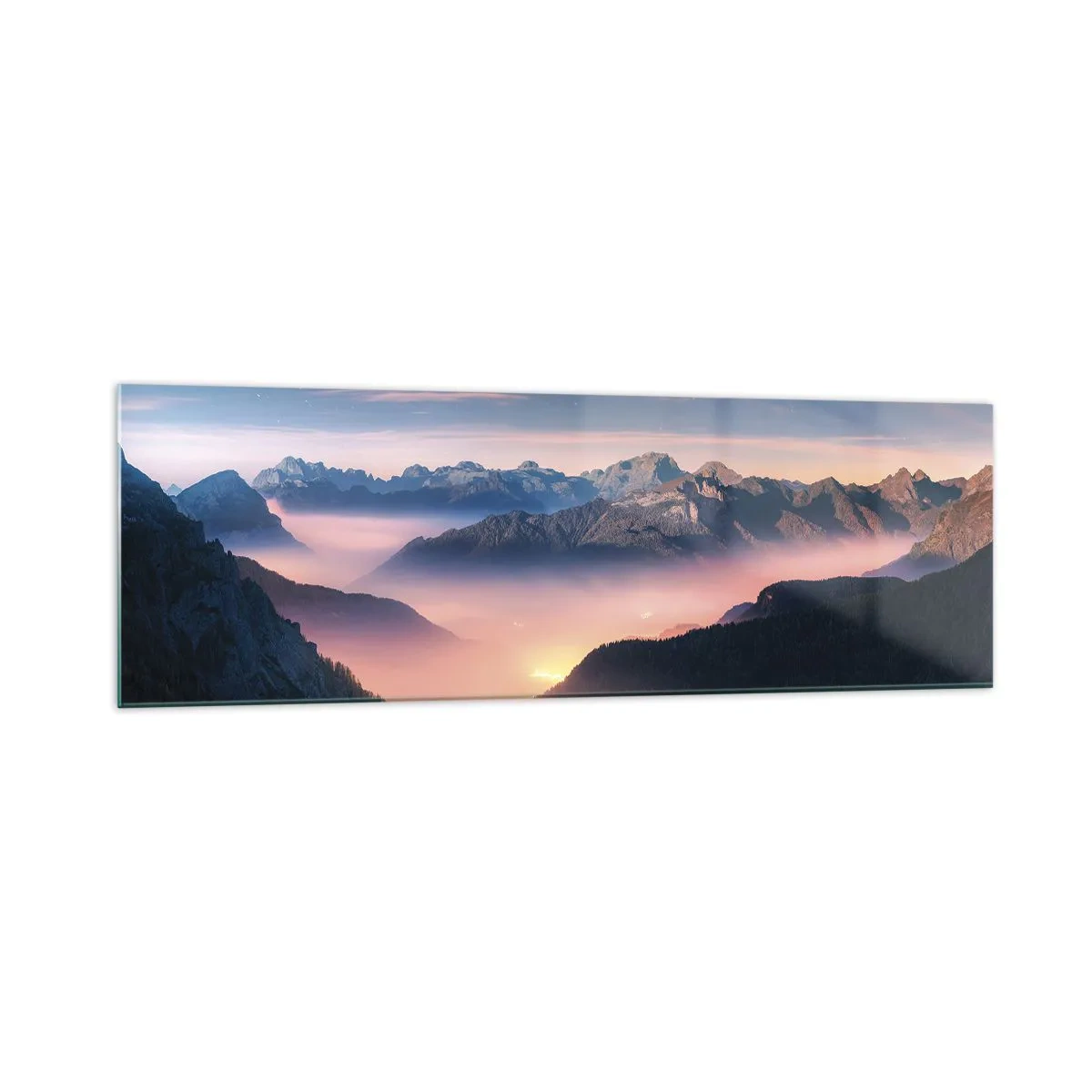 Obraz na szkle - Górski krajobraz z doliną wypełnioną mgłą - 160x50cm - Światło w dolinach - Nowoczesna dekoracja ścienna do salonu i sypialni ARTTOR
