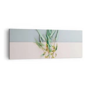 Obraz na płótnie - Gałązka z liśćmi na tle pastelowych odcieni - 140x50cm - Pastelowa subtelność - Nowoczesna dekoracja ścienna do salonu i sypialni ARTTOR