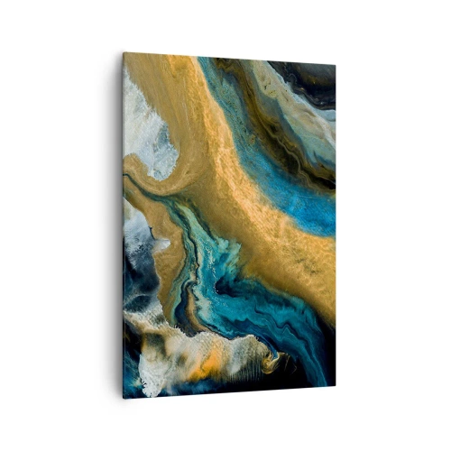 Obraz na płótnie - Abstrakcyjne fale w odcieniach złota i niebieskiego - 70x100cm - Niebieski – zółty – wzajemne wpływy - Nowoczesna dekoracja ścienna do salonu i sypialni ARTTOR