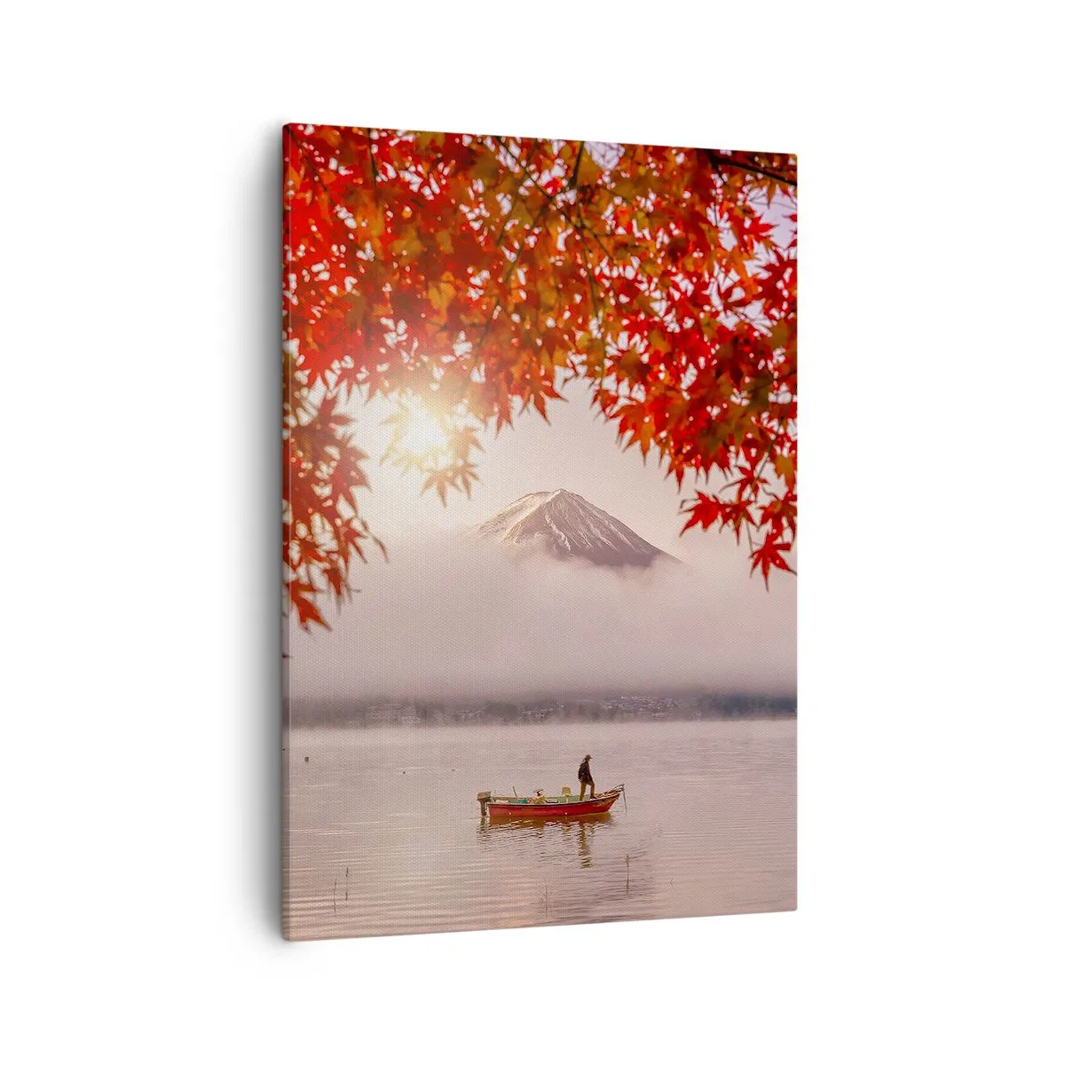 Obraz na płótnie - Jezioro z łodzią, górą Fuji i czerwonymi liśćmi klonu - 50x70cm - W japońskim klimacie - Nowoczesna dekoracja ścienna do salonu, kuchni i sypialni ARTTOR