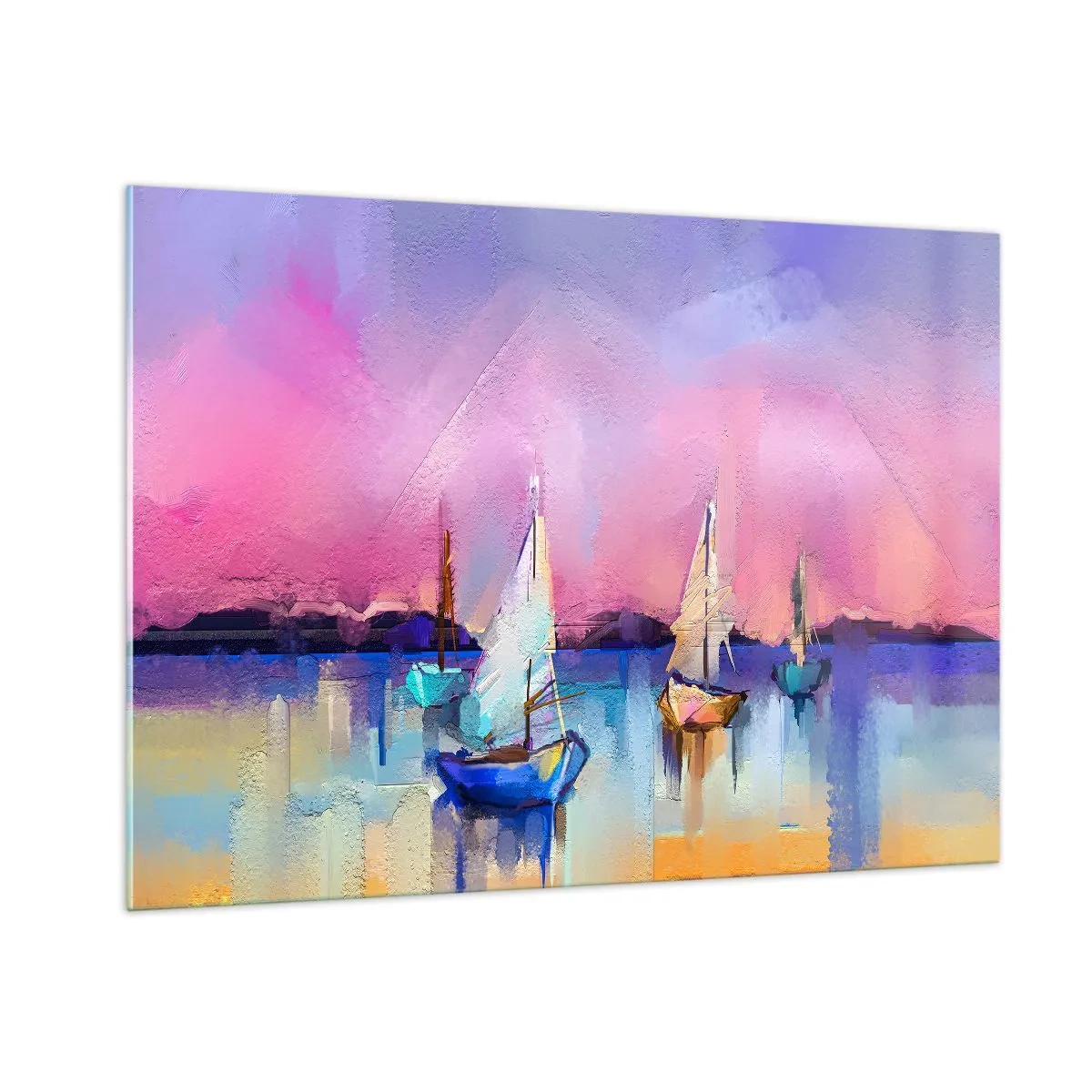 Obraz na szkle - Abstrakcyjna marina z żaglówkami o zachodzie słońca - 100x70cm - Kierunek: szerokie wody - Nowoczesna dekoracja ścienna do salonu, kuchni i sypialni ARTTOR