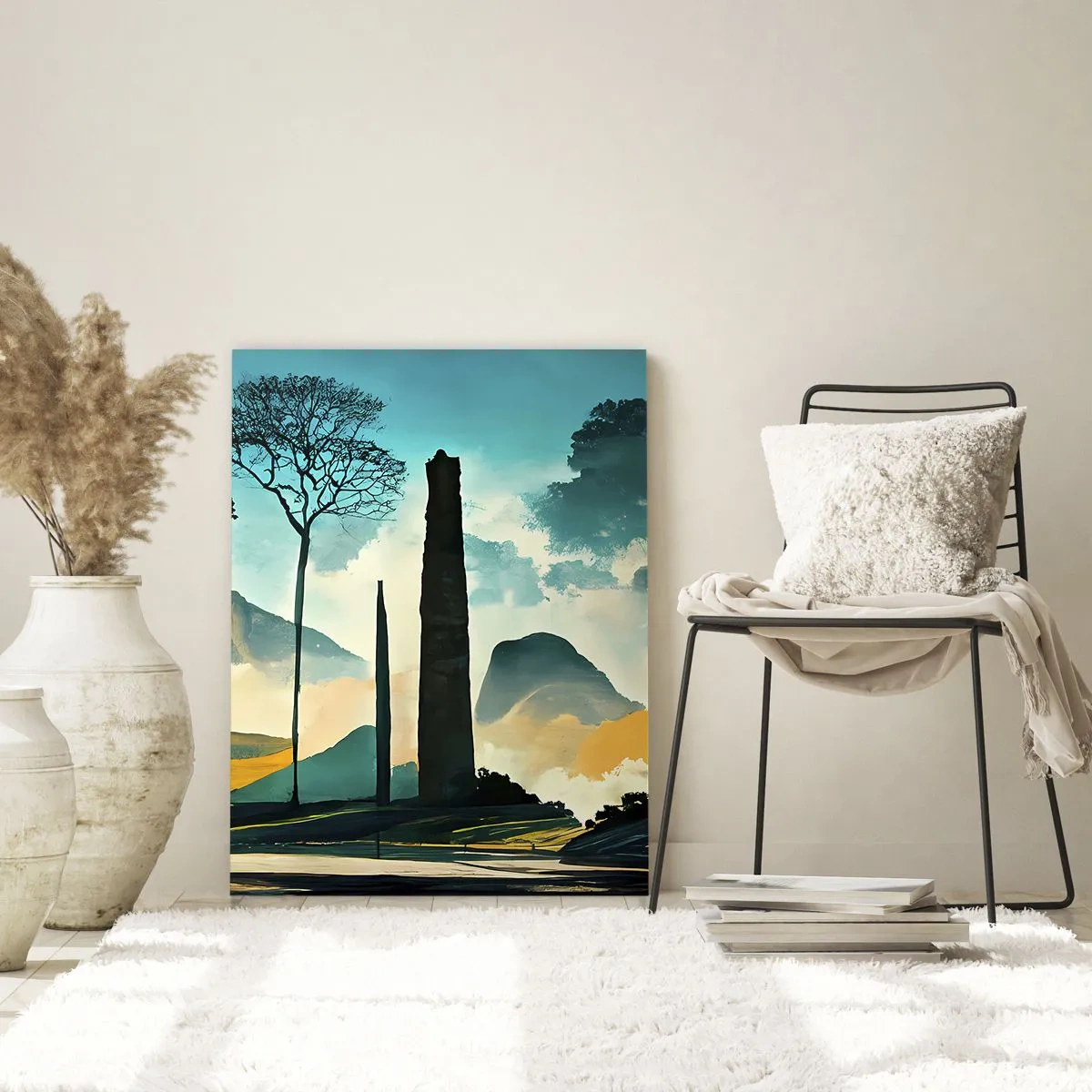 Obraz na szkle - Fantazyjny pejzaż z górami, drzewami i strzelistą skałą - 50x70cm - Wciąż wyżej i wyżej - Nowoczesna dekoracja ścienna do salonu, kuchni i sypialni ARTTOR