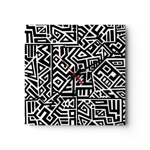 Zegar ścienny - Czarno-białe geometryczne wzory inspirowane kulturą prekolumbijską - 30x30cm - Kompozycja prekolumbijska - Nowoczesna dekoracja ścienna do salonu i sypialni ARTTOR
