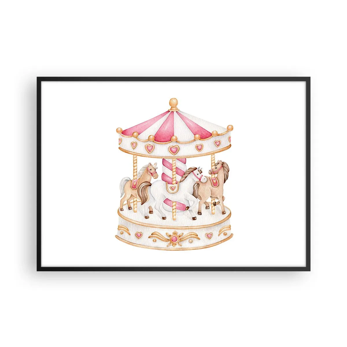 Plakat w czarnej ramie - Kolorowa karuzela w stylu vintage z końmi - 100x70cm - Słodki świat dzieciństwa - Nowoczesna dekoracja ścienna do salonu i sypialni ARTTOR
