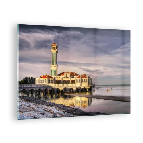 Obraz na szkle - Meczet na wodzie w malowniczym świetle - 70x50cm - Swiątynia natury - Nowoczesna dekoracja ścienna do salonu i sypialni ARTTOR