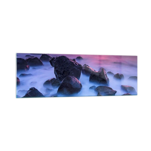 Obraz na szkle - Kamieniste wybrzeże o zachodzie słońca - 160x50cm - Narodziny w blasku i mgle - Nowoczesna dekoracja ścienna do salonu i sypialni ARTTOR