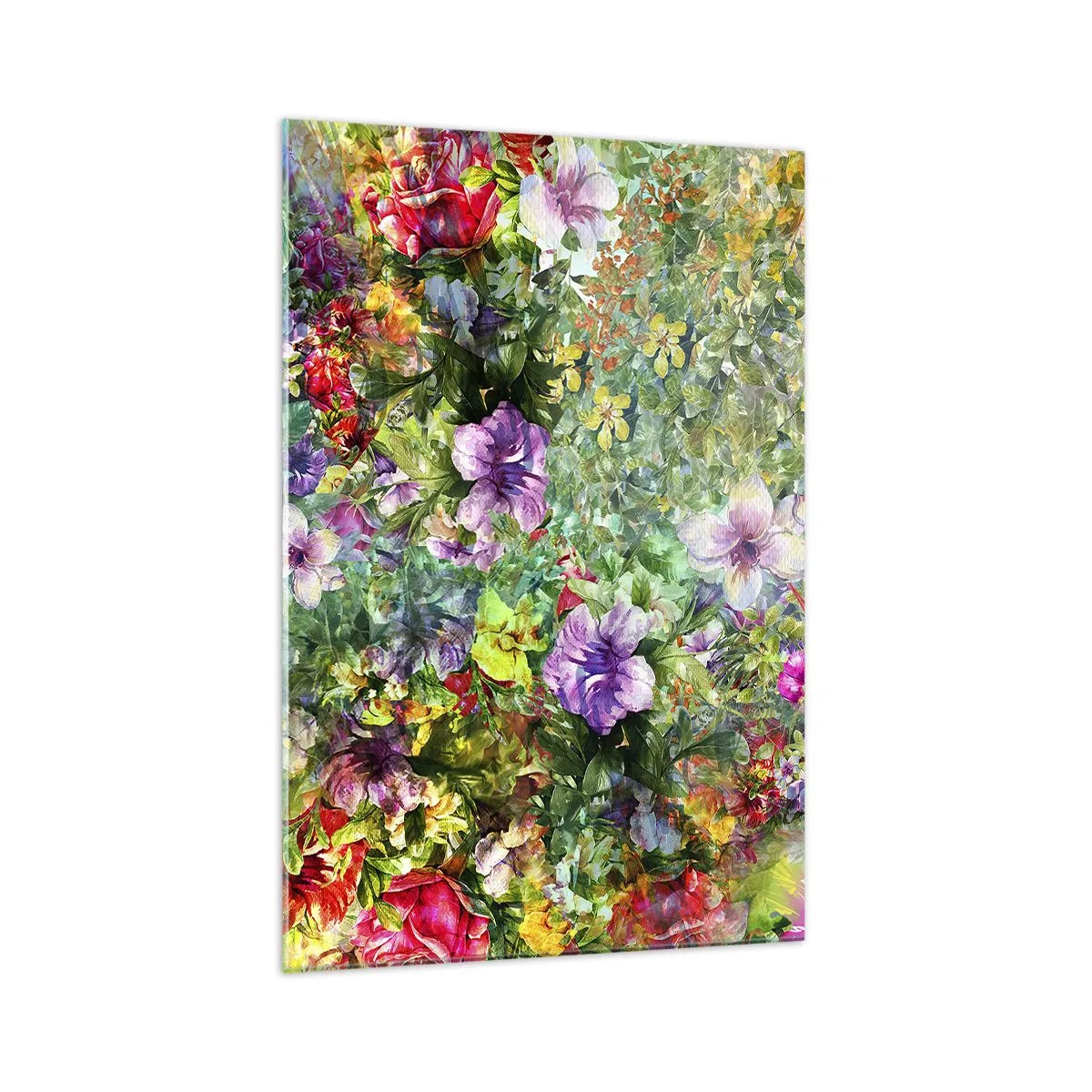 Obraz na szkle - Kolorowa kompozycja kwiatów na zielonym tle - 70x100cm - W kwiaty na zatracenie - Nowoczesna dekoracja ścienna do salonu i sypialni ARTTOR