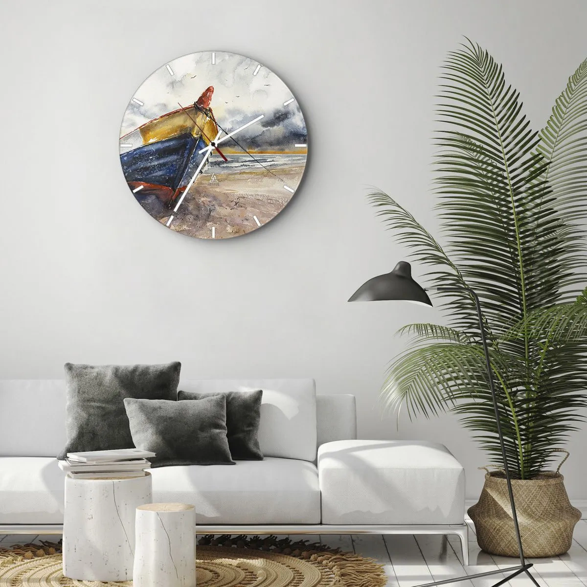 Zegar ścienny - Kolorowa łódź na piaszczystej plaży w malarskim stylu - 30x30cm - Odpoczynek na brzegu - Nowoczesna dekoracja ścienna do salonu, kuchni i sypialni ARTTOR