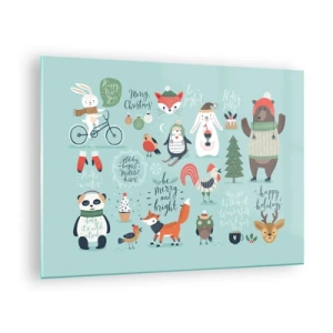 Obraz na szkle - Świąteczne ilustracje zwierząt na pastelowym tle - 70x50cm - Niech zawsze już będą święta! - Nowoczesna dekoracja ścienna do salonu i sypialni ARTTOR