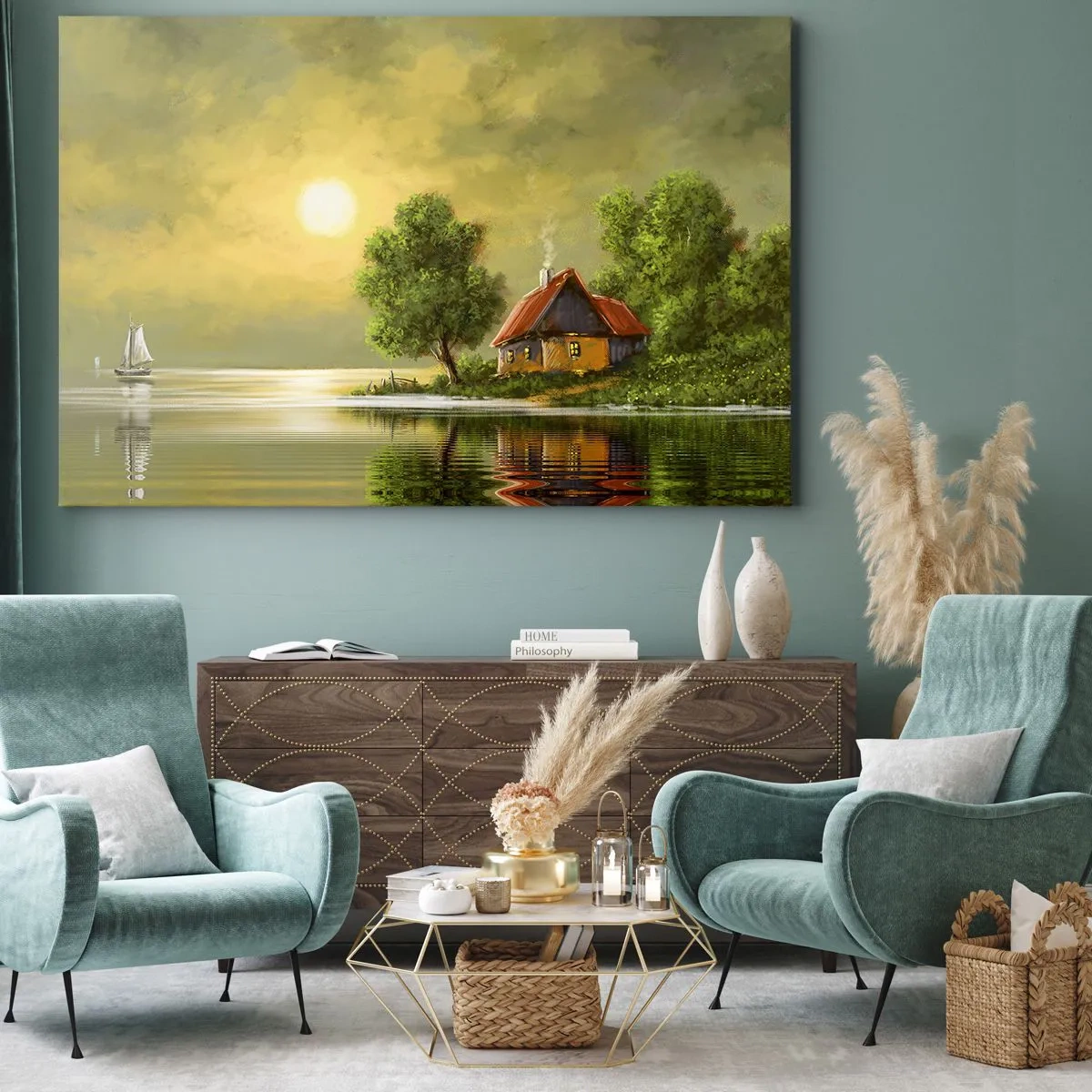 Obraz na płótnie - Dom nad jeziorem w świetle zachodzącego słońca - 70x50cm - Pięknie, jak z obrazka - Nowoczesna dekoracja ścienna do salonu i sypialni ARTTOR