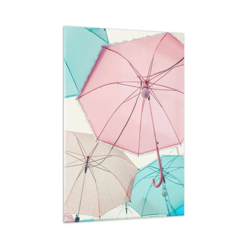 Obraz na szkle - Pastelowe parasolki na tle jasnego nieba - 80x120cm - Czasem słońce, czasem deszcz - Nowoczesna dekoracja ścienna do salonu i sypialni ARTTOR