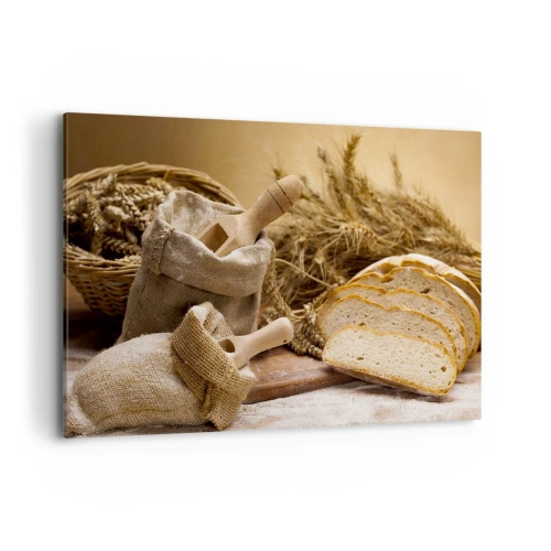 Obraz na płótnie - Krajobraz z chlebem, mąką i kłosami zbóż w rustykalnym stylu - 120x80cm - Jak nożem uciął - Nowoczesna dekoracja ścienna do salonu, kuchni i sypialni ARTTOR