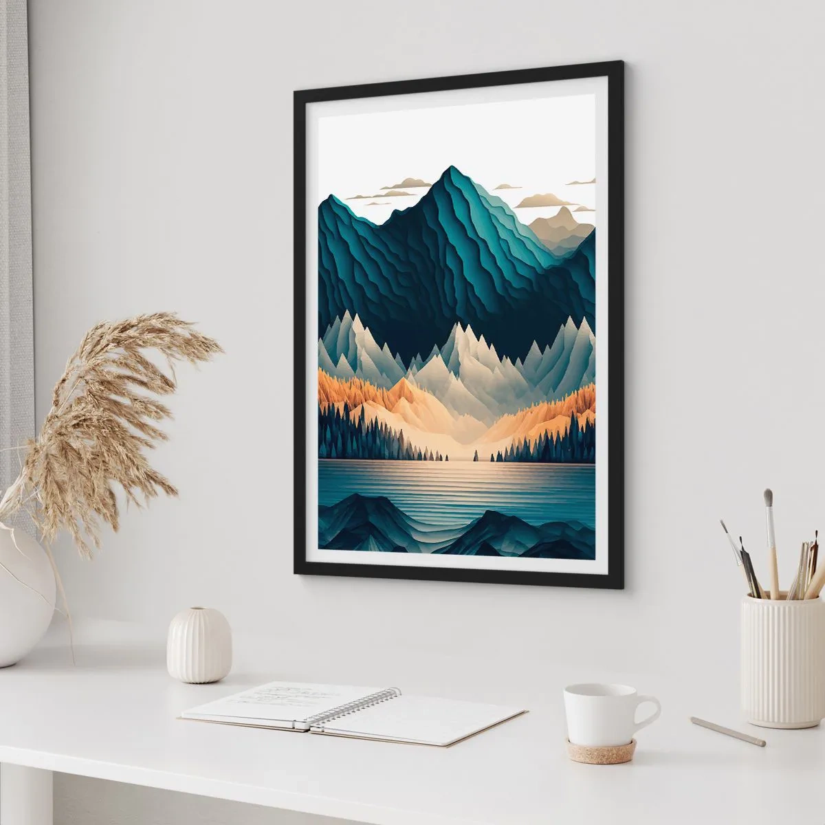 Plakat w czarnej ramie - Stylizowany pejzaż górski z jeziorem w odcieniach niebieskiego - 50x70cm - Pejzaż górski doskonały - Nowoczesna dekoracja ścienna do salonu i sypialni ARTTOR