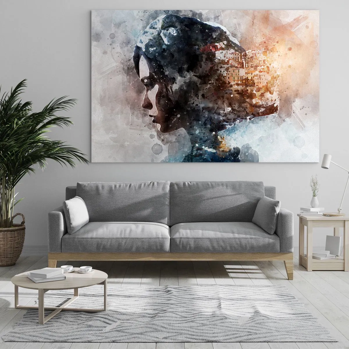 Obraz na szkle - Profil kobiety w akwarelowym stylu z miastem w tle - 100x70cm - Opowieść o dziewczynie z miastem w tle - Nowoczesna dekoracja ścienna do salonu, kuchni i sypialni ARTTOR